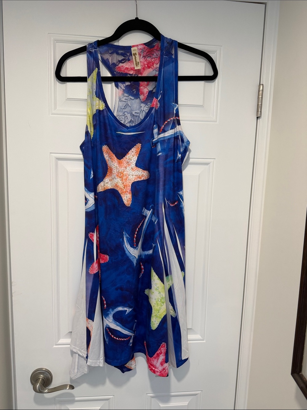 Shoreline Navy Blue Starfish & Multicolor Coral-Print Sleeveless Swim Coverup